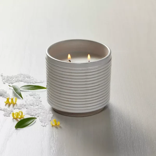 2-Wick Ribbed Ceramic Salt Jar Candle Light Gray 12oz - Image 2